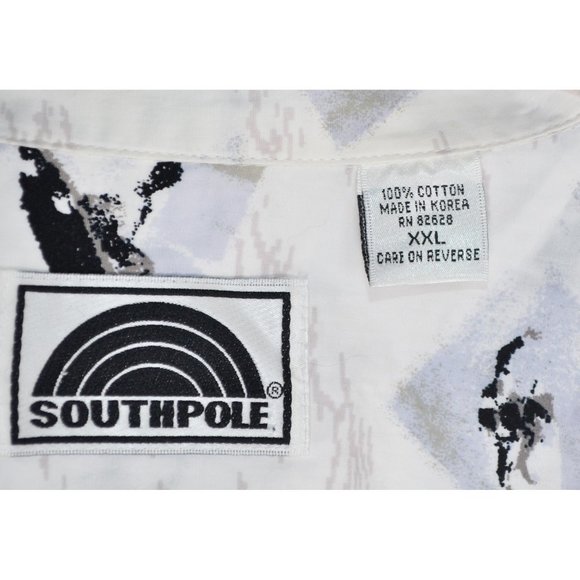 Southpole Surfer Print Cotton Short Sleeve Button Down Shirt White/Blue/Tan XXL - Picture 6 of 6